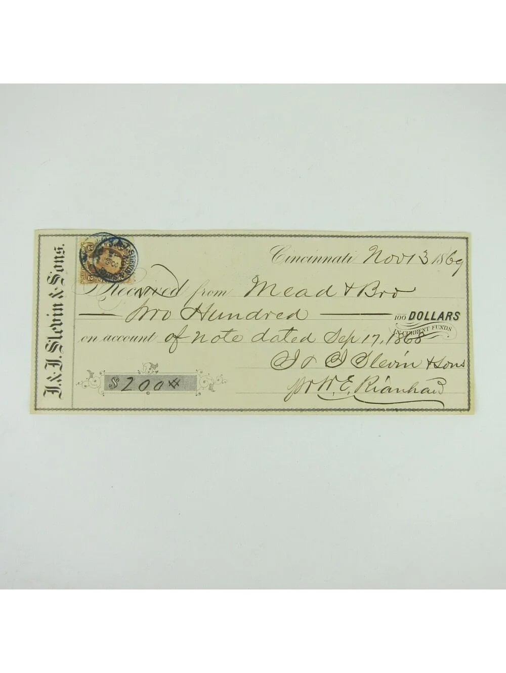 1869 Promissory Note & Revenue Stamp J. & J. Slevin & Sons Cincinnati OH Antique
